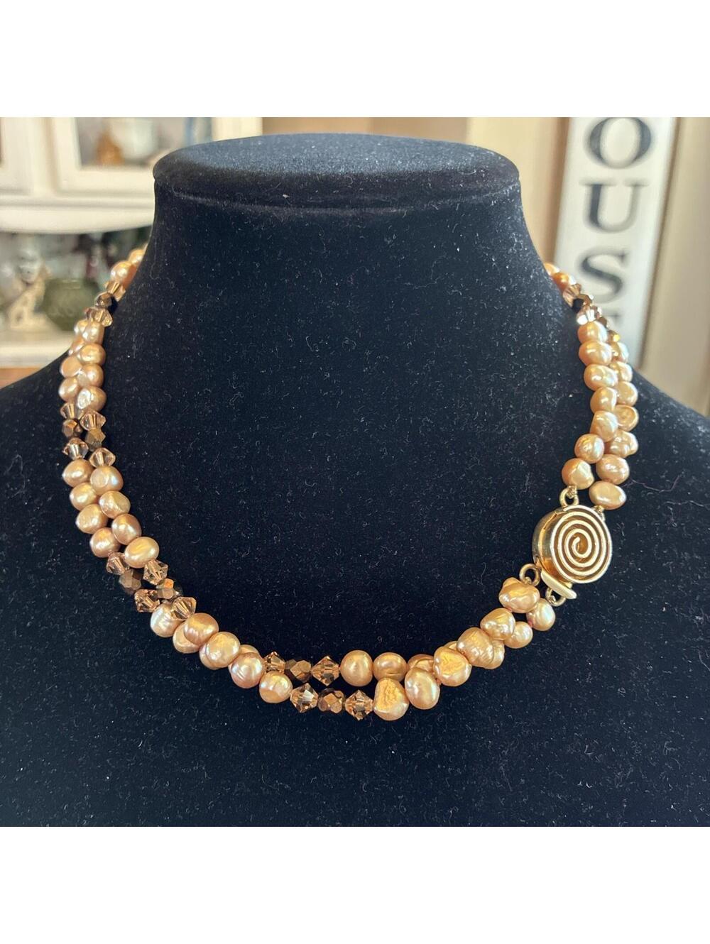 Vintage MOCHA CHAMPAGNE Baroque Pearl Necklace Double Strand 18”  .925 Sterling